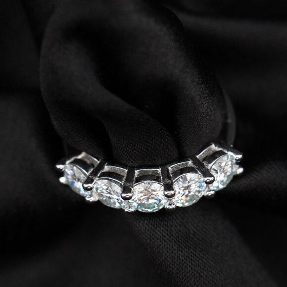 Rhodium Plated Sterling Silver Ring with 5 Light Blue Moissanite Stones - Picture 4 of 16